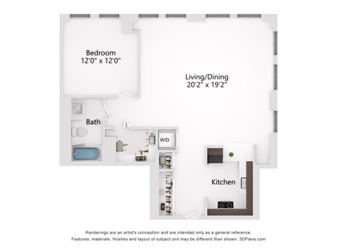 Floor plan for 1 bed, 1 bath, 870 sqft